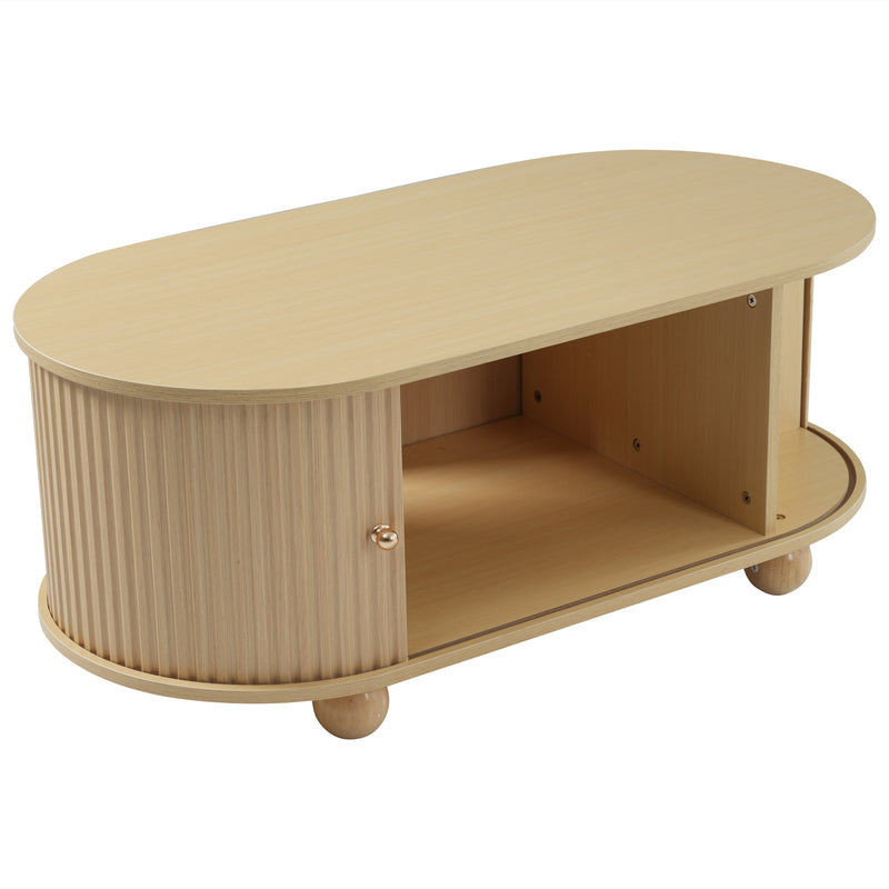 Table Basse Ovale en Bois avec Portes Coulissantes Rainurées - Design Industriel Minimaliste SHOHUS