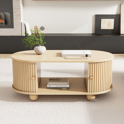 Table Basse Ovale en Bois avec Portes Coulissantes Rainurées - Design Industriel Minimaliste SHOHUS