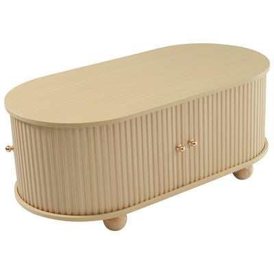 Table Basse Ovale en Bois avec Portes Coulissantes Rainurées - Design Industriel Minimaliste SHOHUS