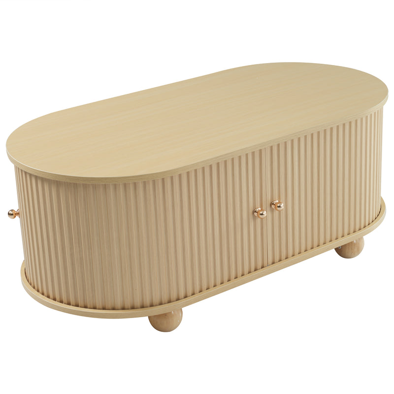Table Basse Ovale en Bois avec Portes Coulissantes Rainurées - Design Industriel Minimaliste SHOHUS