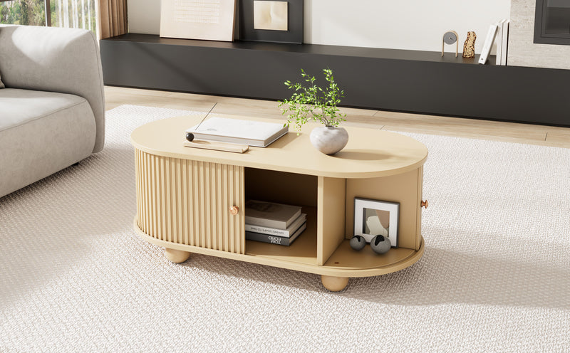 Table Basse Ovale en Bois avec Portes Coulissantes Rainurées - Design Industriel Minimaliste SHOHUS