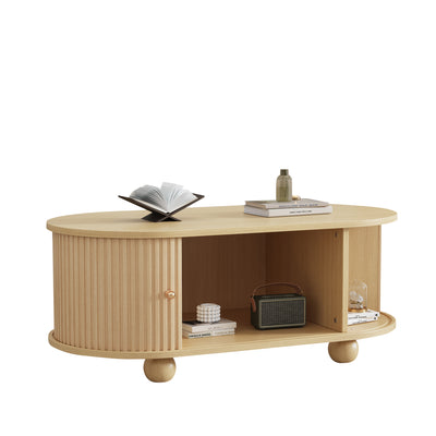 Table Basse Ovale en Bois avec Portes Coulissantes Rainurées - Design Industriel Minimaliste SHOHUS