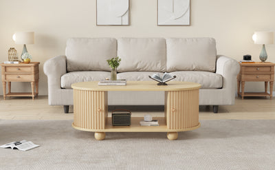 Table Basse Ovale en Bois avec Portes Coulissantes Rainurées - Design Industriel Minimaliste SHOHUS