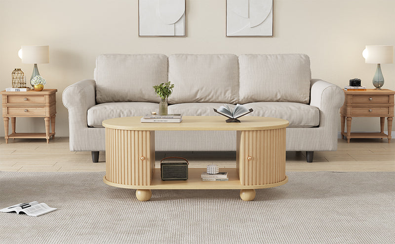 Table Basse Ovale en Bois avec Portes Coulissantes Rainurées - Design Industriel Minimaliste SHOHUS