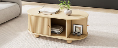 Table Basse Ovale en Bois avec Portes Coulissantes Rainurées - Design Industriel Minimaliste SHOHUS