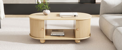 Table Basse Ovale en Bois avec Portes Coulissantes Rainurées - Design Industriel Minimaliste SHOHUS