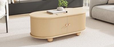 Table Basse Ovale en Bois avec Portes Coulissantes Rainurées - Design Industriel Minimaliste SHOHUS
