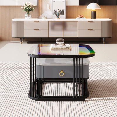 Ensemble de 2 Tables Basses Gigognes Noires Effet Marbre et Verre avec Tiroir de Rangement SHUGOK BLACK