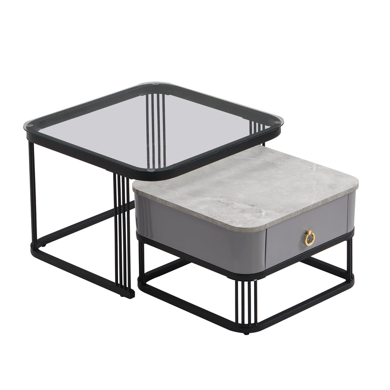 Ensemble de 2 Tables Basses Gigognes Noires Effet Marbre et Verre avec Tiroir de Rangement SHUGOK BLACK