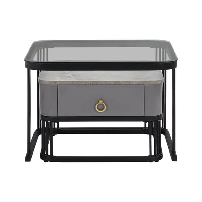 Ensemble de 2 Tables Basses Gigognes Noires Effet Marbre et Verre avec Tiroir de Rangement SHUGOK BLACK