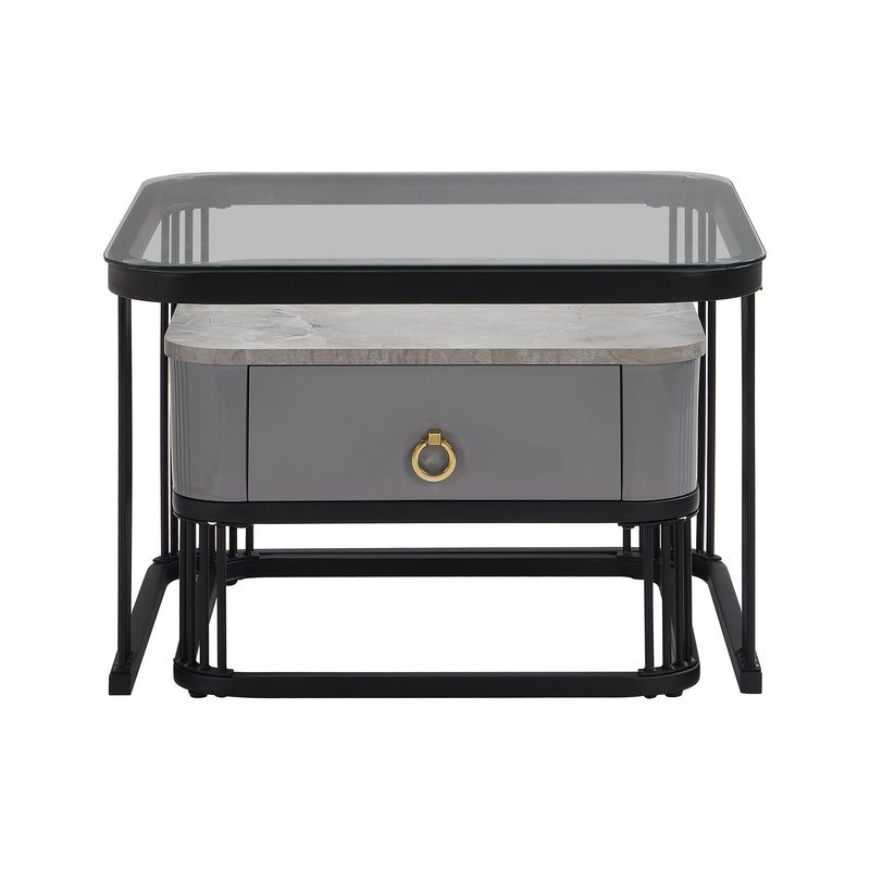 Ensemble de 2 Tables Basses Gigognes Noires Effet Marbre et Verre avec Tiroir de Rangement SHUGOK BLACK