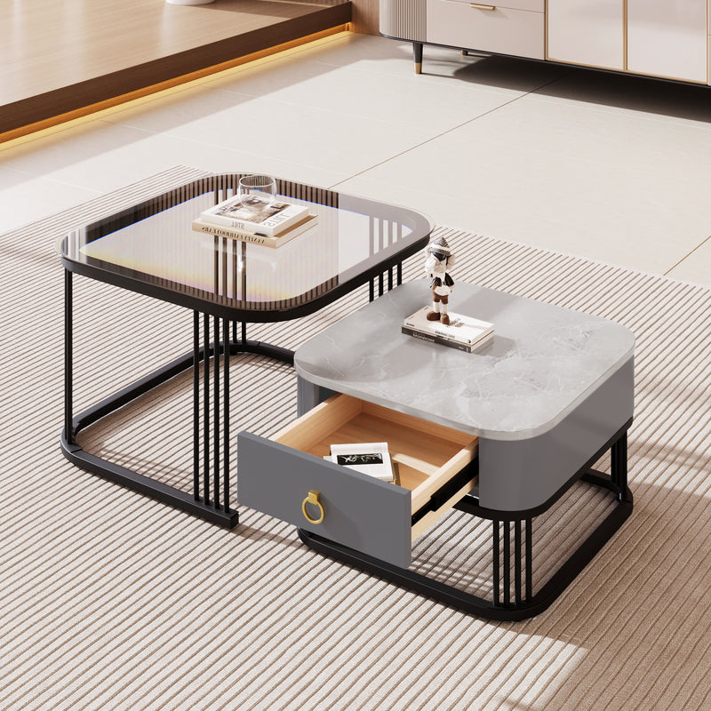 Ensemble de 2 Tables Basses Gigognes Noires Effet Marbre et Verre avec Tiroir de Rangement SHUGOK BLACK