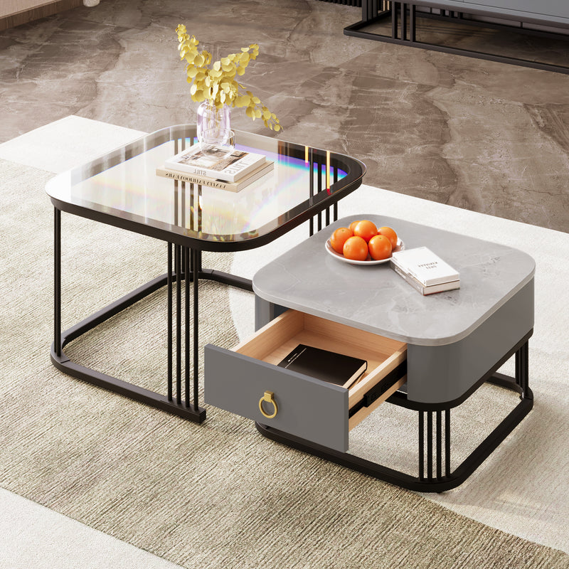 Ensemble de 2 Tables Basses Gigognes Noires Effet Marbre et Verre avec Tiroir de Rangement SHUGOK BLACK