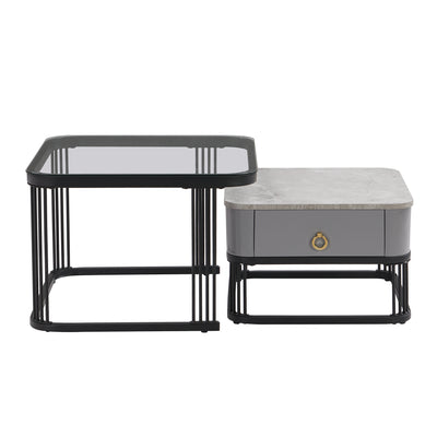 Ensemble de 2 Tables Basses Gigognes Noires Effet Marbre et Verre avec Tiroir de Rangement SHUGOK BLACK