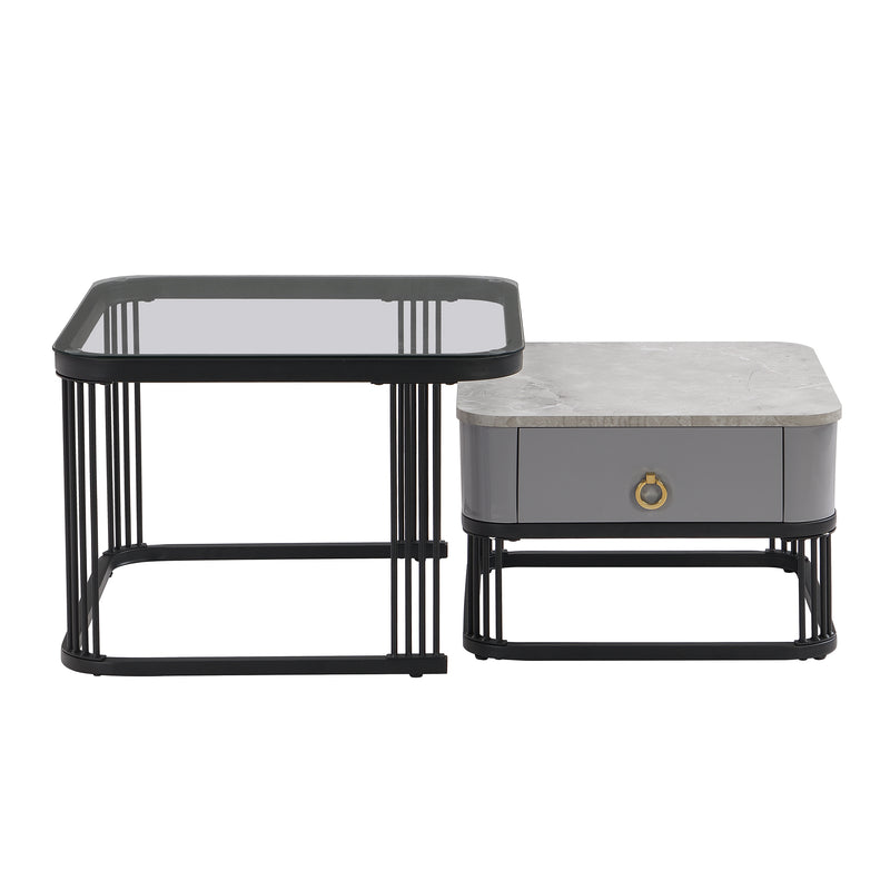 Ensemble de 2 Tables Basses Gigognes Noires Effet Marbre et Verre avec Tiroir de Rangement SHUGOK BLACK