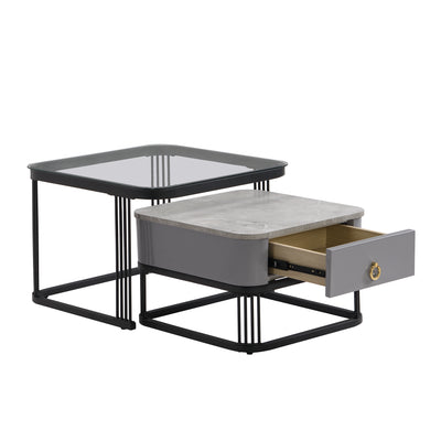 Ensemble de 2 Tables Basses Gigognes Noires Effet Marbre et Verre avec Tiroir de Rangement SHUGOK BLACK