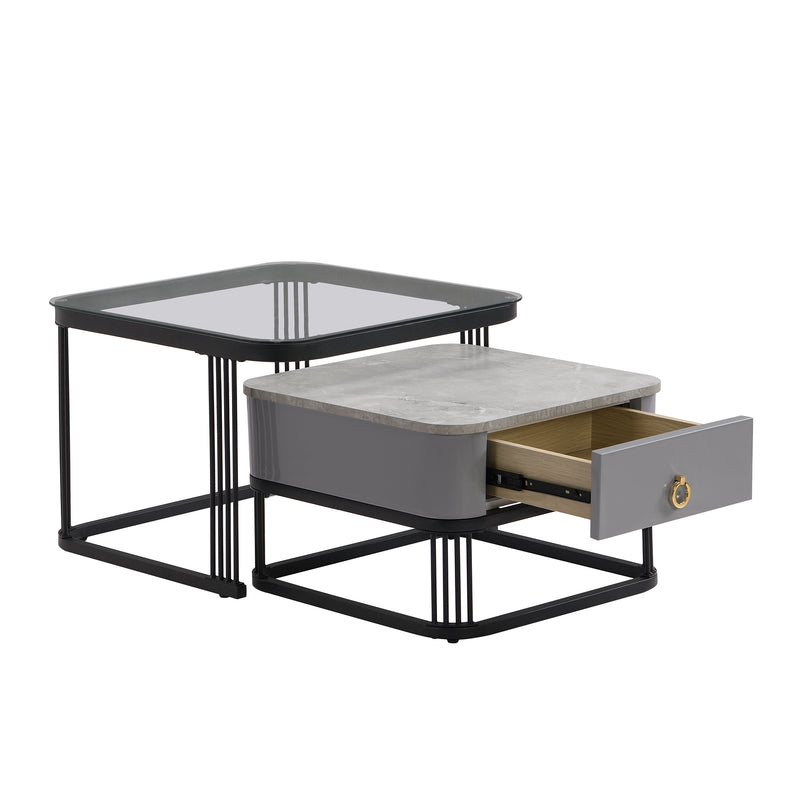 Ensemble de 2 Tables Basses Gigognes Noires Effet Marbre et Verre avec Tiroir de Rangement SHUGOK BLACK