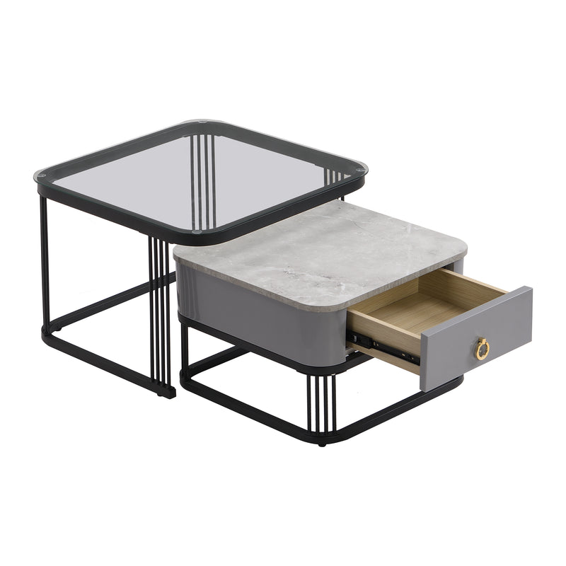 Ensemble de 2 Tables Basses Gigognes Noires Effet Marbre et Verre avec Tiroir de Rangement SHUGOK BLACK