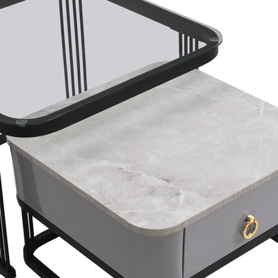 Ensemble de 2 Tables Basses Gigognes Noires Effet Marbre et Verre avec Tiroir de Rangement SHUGOK BLACK
