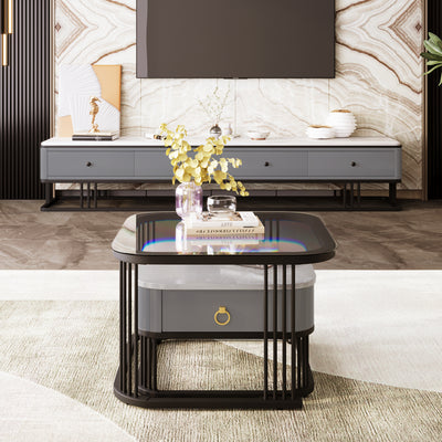 Ensemble de 2 Tables Basses Gigognes Noires Effet Marbre et Verre avec Tiroir de Rangement SHUGOK BLACK