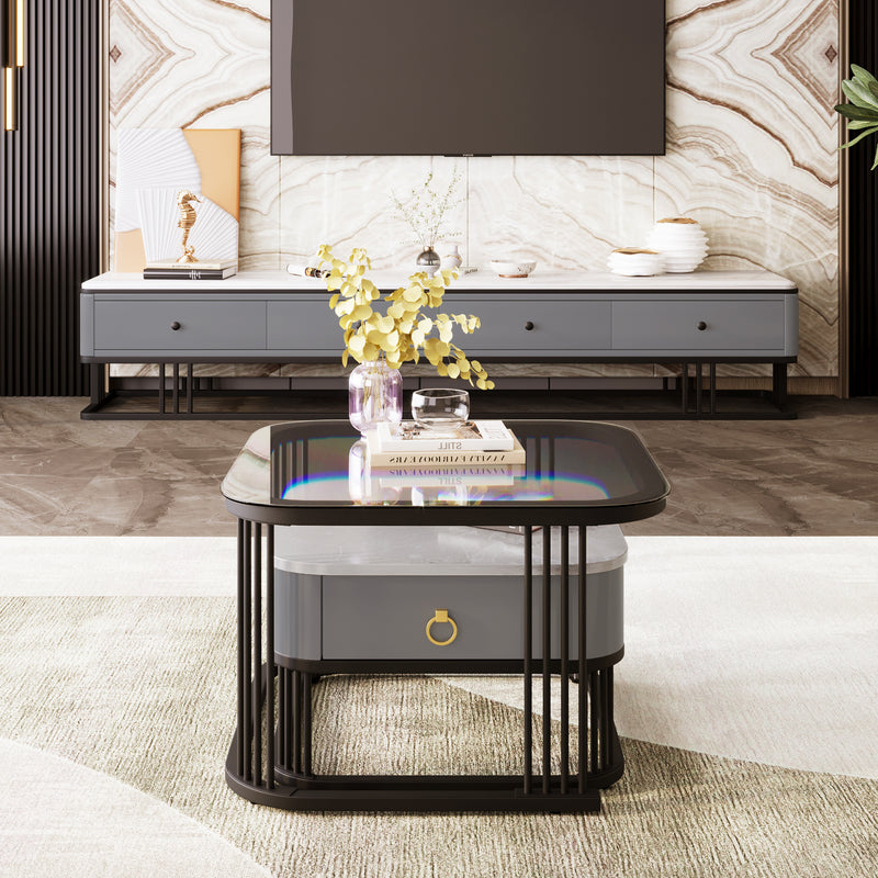 Ensemble de 2 Tables Basses Gigognes Noires Effet Marbre et Verre avec Tiroir de Rangement SHUGOK BLACK