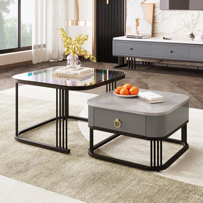 Ensemble de 2 Tables Basses Gigognes Noires Effet Marbre et Verre avec Tiroir de Rangement SHUGOK BLACK