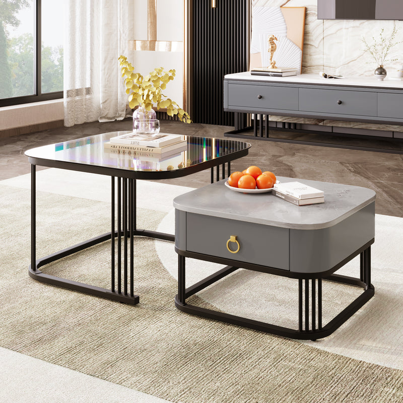 Ensemble de 2 Tables Basses Gigognes Noires Effet Marbre et Verre avec Tiroir de Rangement SHUGOK BLACK