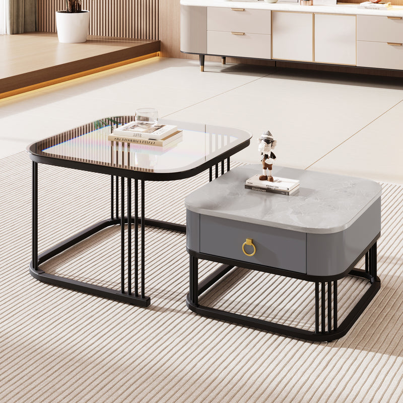 Ensemble de 2 Tables Basses Gigognes Noires Effet Marbre et Verre avec Tiroir de Rangement SHUGOK BLACK