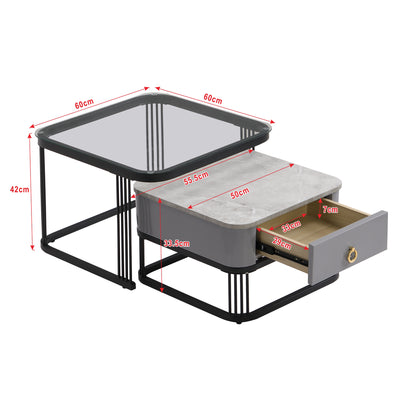 Ensemble de 2 Tables Basses Gigognes Noires Effet Marbre et Verre avec Tiroir de Rangement SHUGOK BLACK