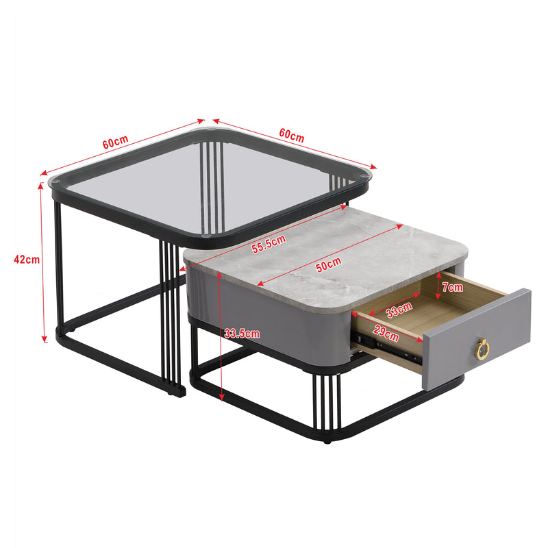 Ensemble de 2 Tables Basses Gigognes Noires Effet Marbre et Verre avec Tiroir de Rangement SHUGOK BLACK