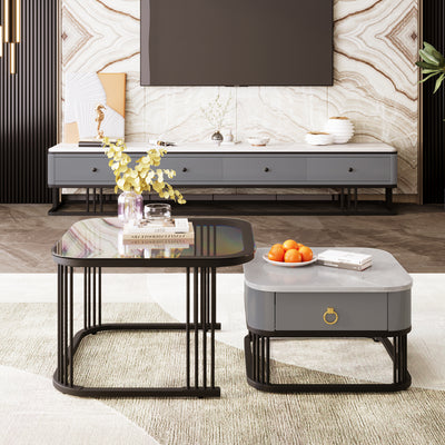 Ensemble de 2 Tables Basses Gigognes Noires Effet Marbre et Verre avec Tiroir de Rangement SHUGOK BLACK