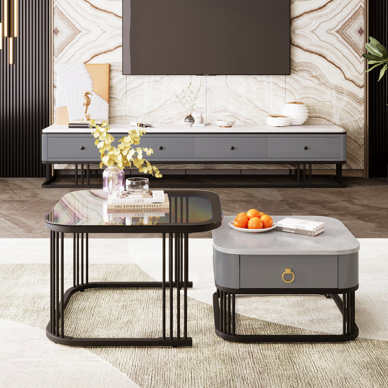 Ensemble de 2 Tables Basses Gigognes Noires Effet Marbre et Verre avec Tiroir de Rangement SHUGOK BLACK
