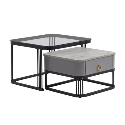 Ensemble de 2 Tables Basses Gigognes Noires Effet Marbre et Verre avec Tiroir de Rangement SHUGOK BLACK