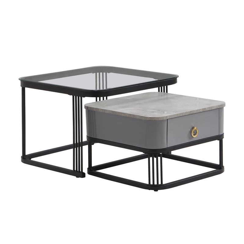 Ensemble de 2 Tables Basses Gigognes Noires Effet Marbre et Verre avec Tiroir de Rangement SHUGOK BLACK