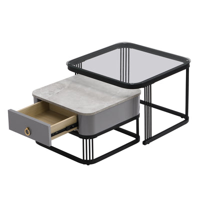 Ensemble de 2 Tables Basses Gigognes Noires Effet Marbre et Verre avec Tiroir de Rangement SHUGOK BLACK