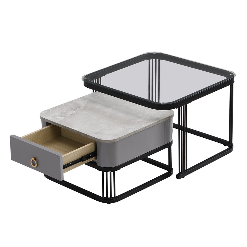 Ensemble de 2 Tables Basses Gigognes Noires Effet Marbre et Verre avec Tiroir de Rangement SHUGOK BLACK