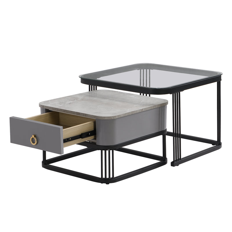 Ensemble de 2 Tables Basses Gigognes Noires Effet Marbre et Verre avec Tiroir de Rangement SHUGOK BLACK