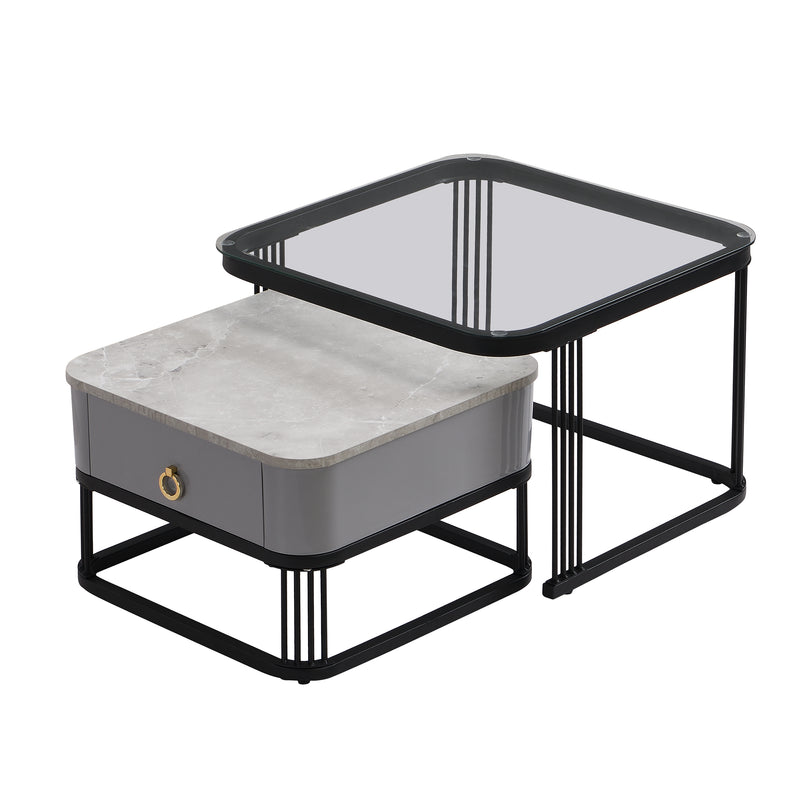 Ensemble de 2 Tables Basses Gigognes Noires Effet Marbre et Verre avec Tiroir de Rangement SHUGOK BLACK