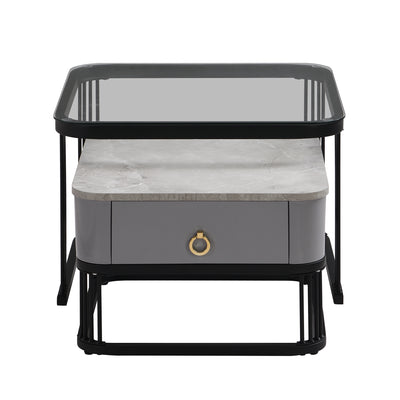 Ensemble de 2 Tables Basses Gigognes Noires Effet Marbre et Verre avec Tiroir de Rangement SHUGOK BLACK