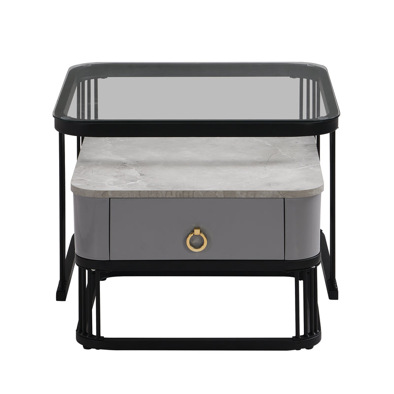 Ensemble de 2 Tables Basses Gigognes Noires Effet Marbre et Verre avec Tiroir de Rangement SHUGOK BLACK