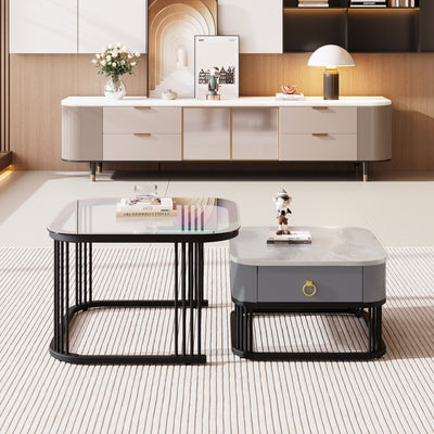 Ensemble de 2 Tables Basses Gigognes Noires Effet Marbre et Verre avec Tiroir de Rangement SHUGOK BLACK