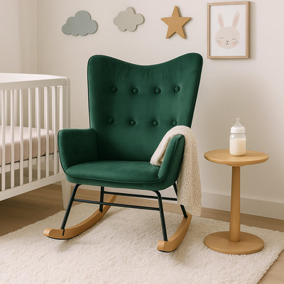 Scandinavian rocking chair in green velvet with light wooden legs EPPING SMALL VELVET GREEN