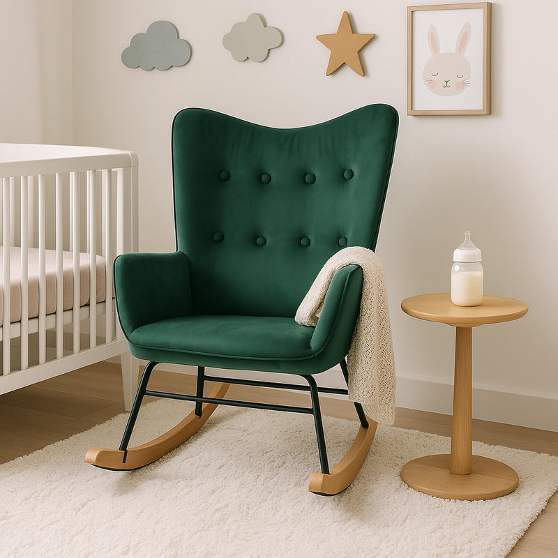 Scandinavian rocking chair in green velvet with light wooden legs EPPING SMALL VELVET GREEN