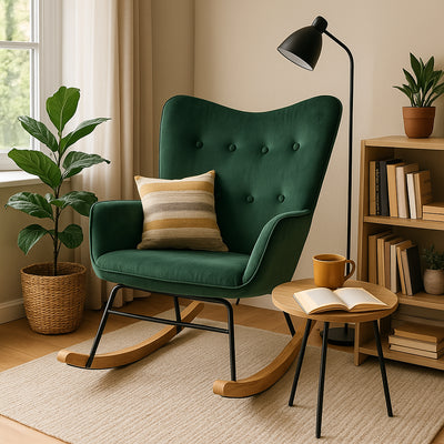 Scandinavian rocking chair in green velvet with light wooden legs EPPING SMALL VELVET GREEN
