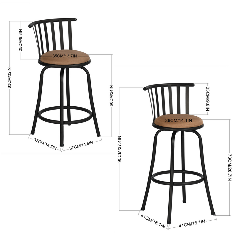 Set of 2 brown bistro style swivel bar stools with footrests, 2 possible seat heights 62/73cm PISTIL 24/29 INCH