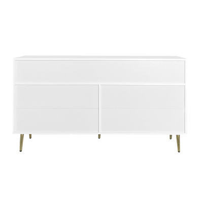 Buffet Blanc Élégant avec 7 Tiroirs, Poignées et Pieds Dorés, et Protection du Sol (140x35x76cm) STESQEKS