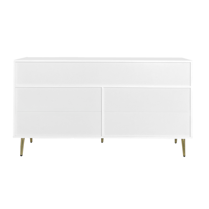 Buffet Blanc Élégant avec 7 Tiroirs, Poignées et Pieds Dorés, et Protection du Sol (140x35x76cm) STESQEKS