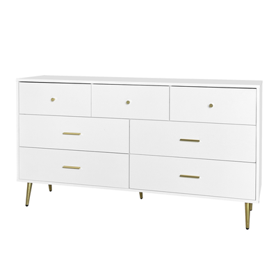 Buffet Blanc Élégant avec 7 Tiroirs, Poignées et Pieds Dorés, et Protection du Sol (140x35x76cm) STESQEKS