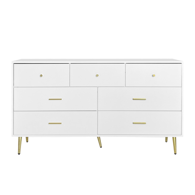 Buffet Blanc Élégant avec 7 Tiroirs, Poignées et Pieds Dorés, et Protection du Sol (140x35x76cm) STESQEKS