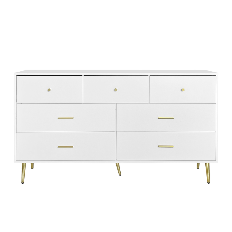 Buffet Blanc Élégant avec 7 Tiroirs, Poignées et Pieds Dorés, et Protection du Sol (140x35x76cm) STESQEKS